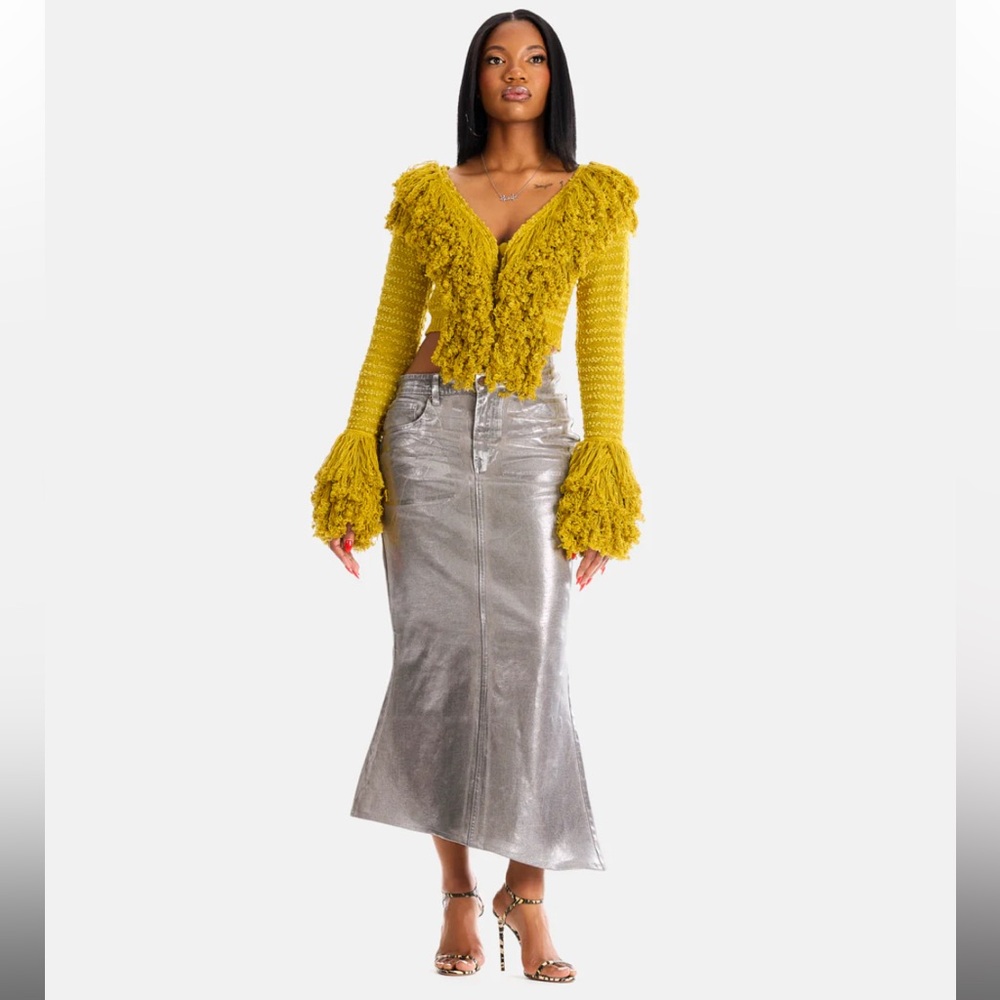 Hanifa Zaya Metalic Demin Skirt
Color Silver
Size Large